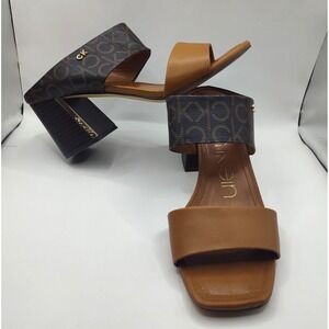Calvin Klein Henna Sandals Block Heel Womens Size 8.5 Brown CK Print Slip On